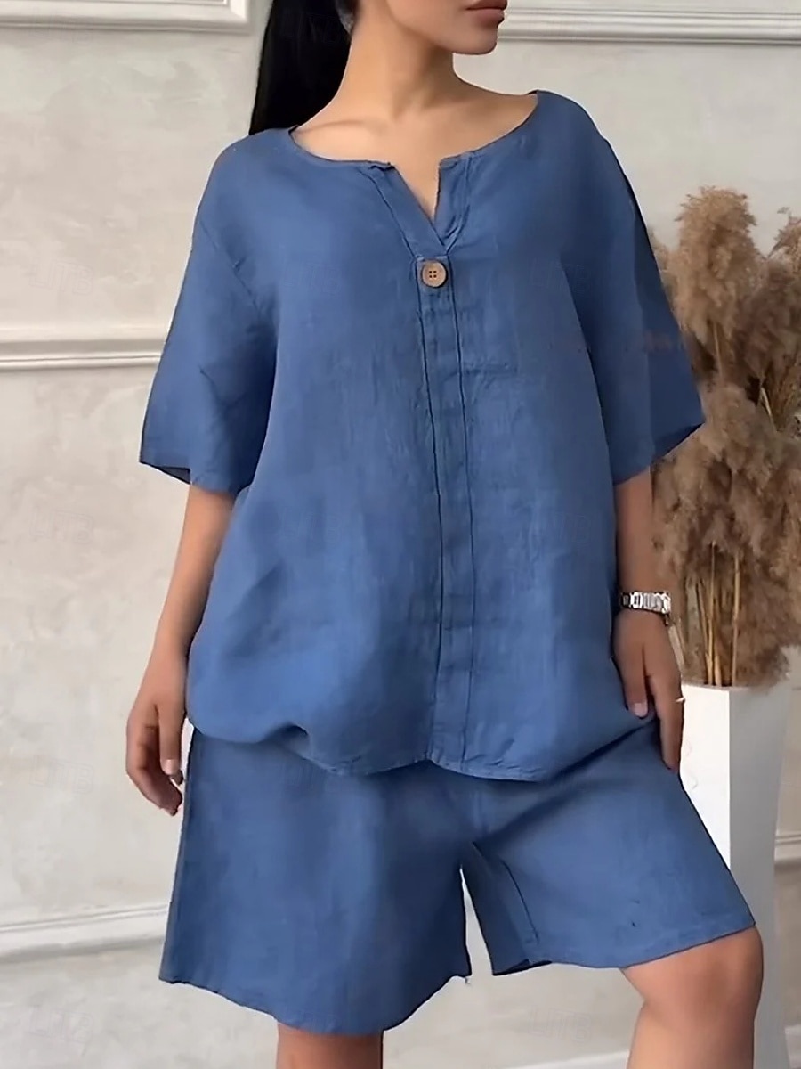 Conjunto feminino de shorts em linho sintético com estampa de algodão, manga 3/4, decote em V, cor sólida, estilo streetwear, casual, para uso diário, em tons de azul, branco e rosa, ideal para o de 2026 por $39.99 –P3