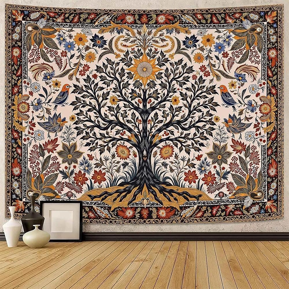 Livets tre folkekunst veggteppe bohemsk etnisk fugler og blomster natur landskap svart bakgrunn åndelig hjemdekor stue soverom bakgrunn innendørs veggmaleri 2026 - $19.99 –P6