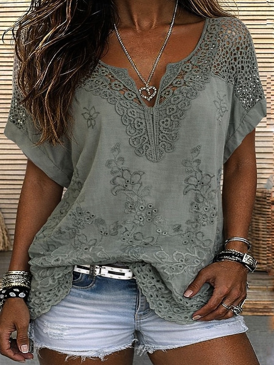 Dam Blus Spets Ensfärgat Stylish Ledigt Kortärmad V-hals Vanliga toppar Dagligen Blå Svart Vit Orange Grå Sommar Vår Höst 2026 - $9.99 –P9