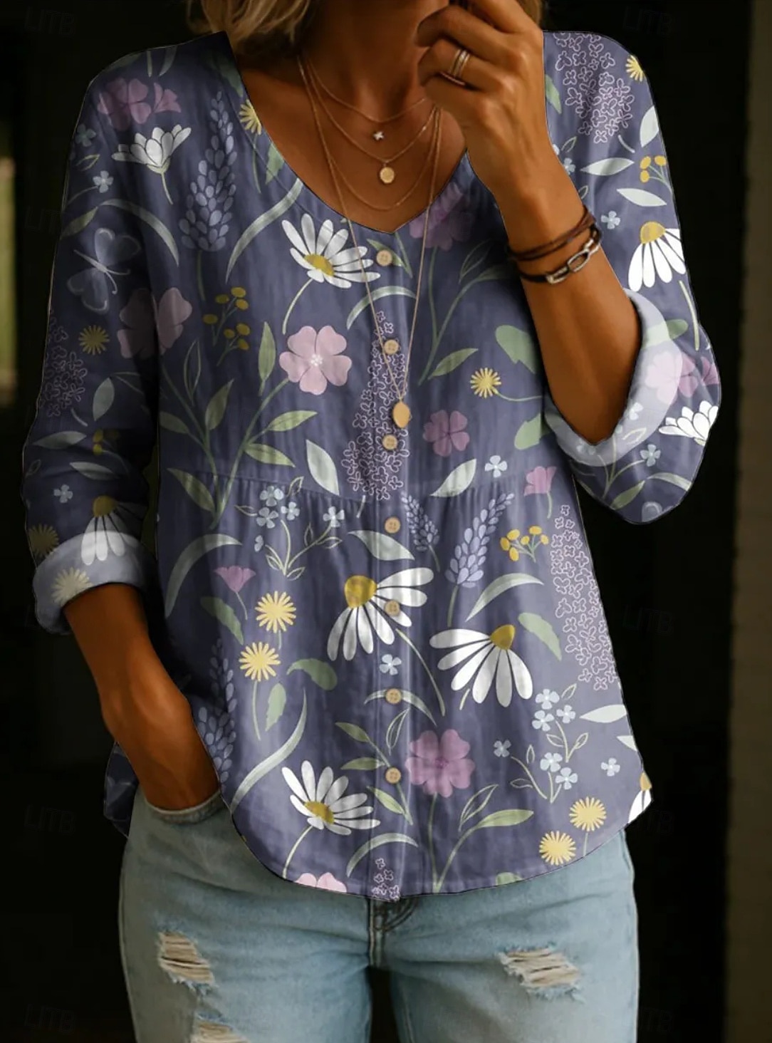 Women's Blouse Buttons Print Floral Graphic Elegant Vacation Vintage Long Sleeve Crew Neck Regular Tops Daily Yellow Pink Purple Fuchsia Orange Summer Spring Fall 2026 - $25.99 –P1