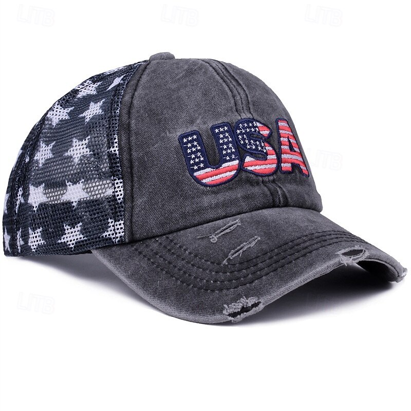Cappellino da baseball patriottico in cotone lavato con stella della bandiera americana ricamata, cappellino da camionista vintage effetto invecchiato con rete per uomo e donna, 4 luglio, giorno del 2026 a $16.99 –P4