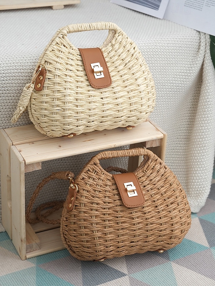 Damväska i vävd stråaxelrem, beige och khakifärger, lätt sommarväska med justerbar rem, bohemisk chic-stil, perfekt för semester, resor och vardagsbruk 2026 - $26.99 –P6
