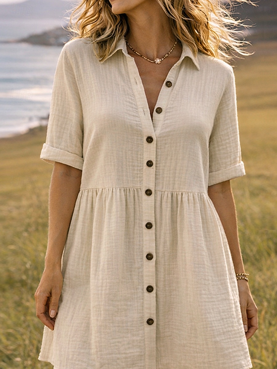 Robe-chemise courte pour femme, basique, décontractée, pour le quotidien, les vacances, coupe classique, manches courtes, col, noir, rose, abricot, été de 2026 ? $31.99 –P2