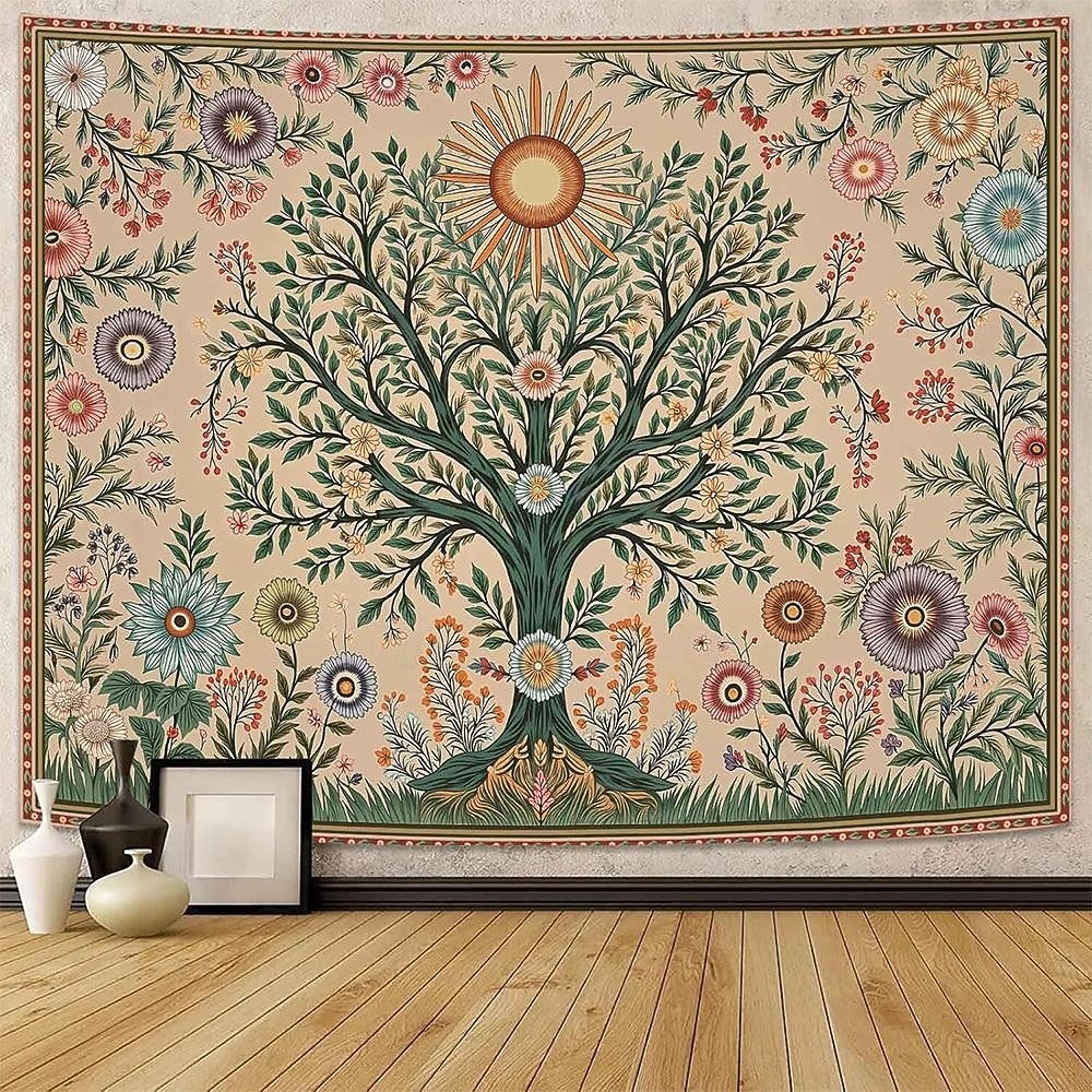 Livets tre folkekunst veggteppe bohemsk etnisk fugler og blomster natur landskap svart bakgrunn åndelig hjemdekor stue soverom bakgrunn innendørs veggmaleri 2026 - $19.99 –P8