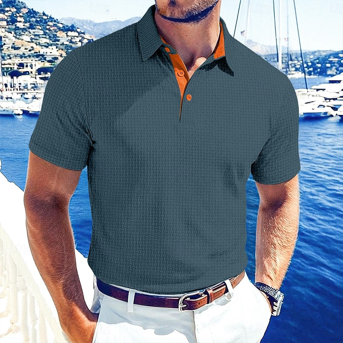 Homens Textura Polo Malha Waffle Casual O negócio Clássico Manga Curta Moda Moderno Côr Sólida Botões Verão Primavera Normal Preto Branco Azul Marinha Verde Tropa Textura de 2026 por $20.99 –P11