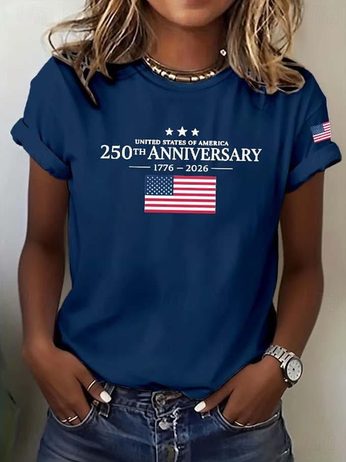 Amerikaanse onafhankelijkheidsdag Dames T-shirt Afdrukken Grafisch Brief Amerikaanse vlag Stijlvol Klassiek Casual Korte mouw Strakke ronde hals Normale tops Dagelijks blauw Zwart Wit Marineblauw 2026 - $22.99 –P7