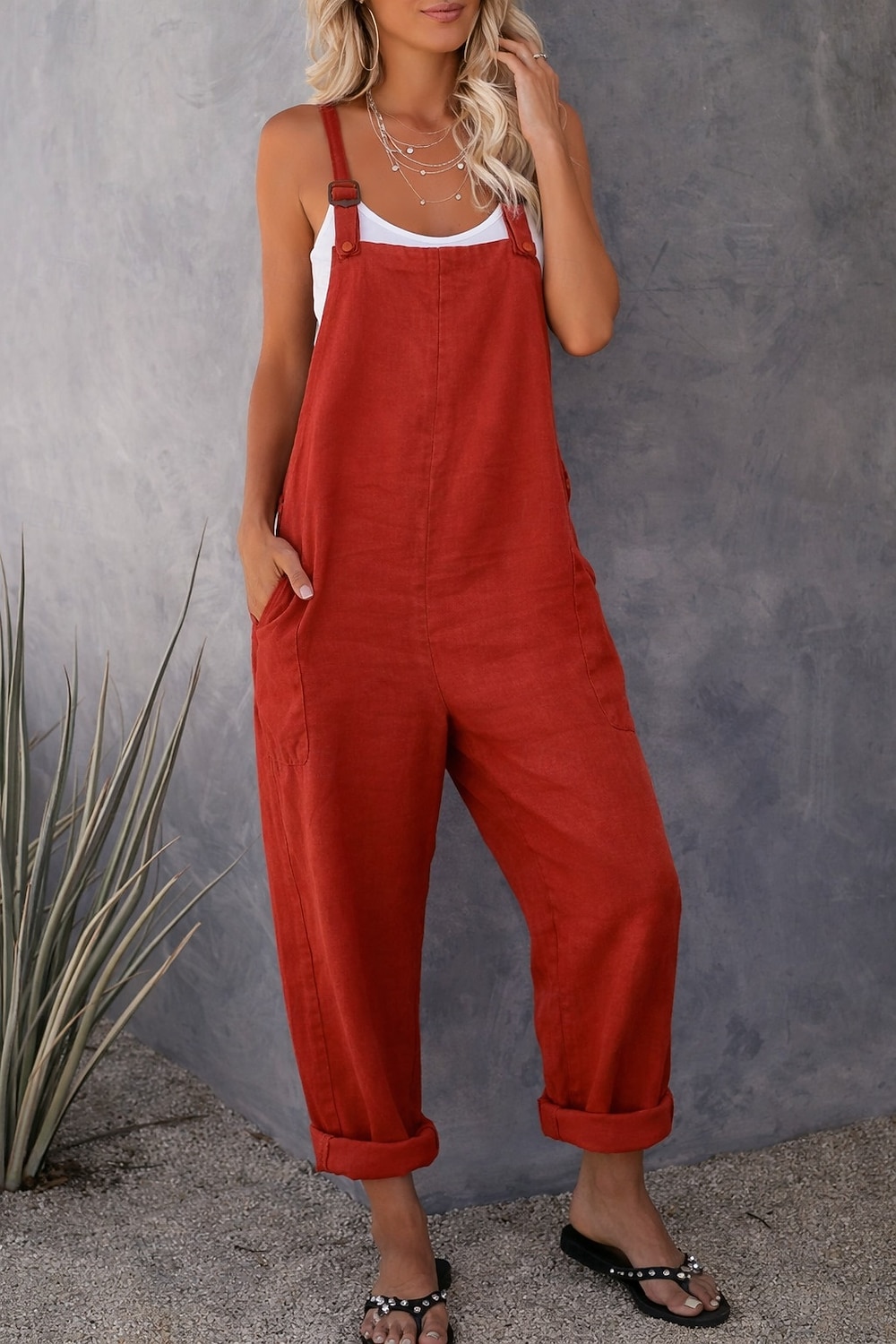 Damen Modisch Overall Jumpsuit Seitentaschen In voller Länge Hose Casual Wochenende Unelastisch Glatt Leinenoptik Komfort Mittlere Taillenlinie Grün Schwarz Rote S M L XL XXL 2026 - $20.99 –P5