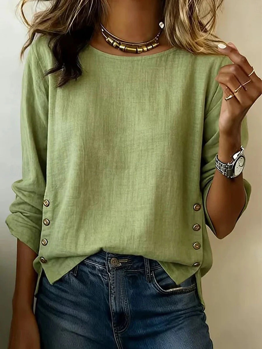 Dames Overhemden met linnenlook Linnen overhemd Blouse Lapwerk Knop Effen Elegant Vakantie Stijlvol Lange mouw Strakke ronde hals Normale tops Dagelijks Feestdagen Uitgaan blauw Zwart Wit Geel 2026 - $10.99 –P4