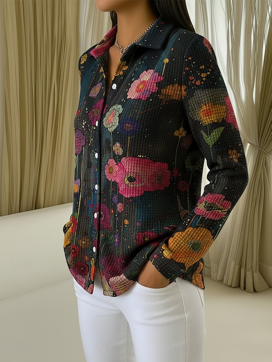 Femmes Chemise gaufrée Chemisier Boutons Imprimé Fleuri Vacances ancien Quotidien manche longue Col de chemise Hauts Réguliers Quotidien Extérieur Fête Noir Été Printemps Automne de 2026 ? $24.99 –P2