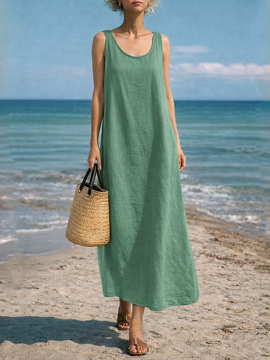 Per donna Abito maxi Finto cotone e lino Abito a Tubino Abito Estivo Abito Sottoveste Casual Spiaggia Quotidiano Vestibilità comoda Semplice Senza Maniche Collo a U Blu blu navy Giallo Rosso Estate del 2026 a $27.99 –P6