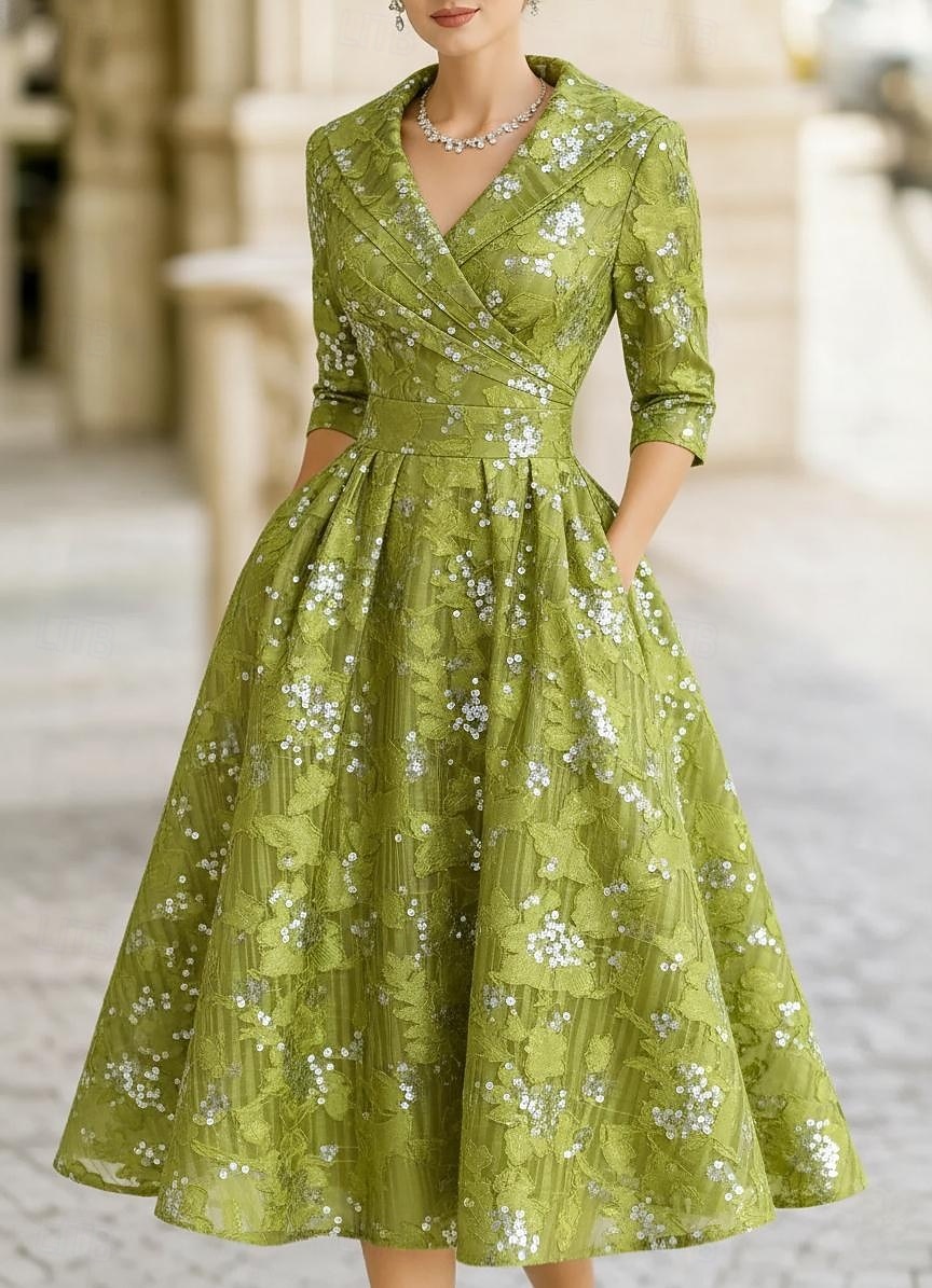 Ligne A Longueur thé Robe d'invité de mariage Robe de Mère de Mariée  Manche 3/4 Revers Élégant ancien Éclat & Brillance Formel robe demoiselle d honneur Kentucky Derby Chiffon Jacquard avec Imprim de 2026 ? $159.99 –P1