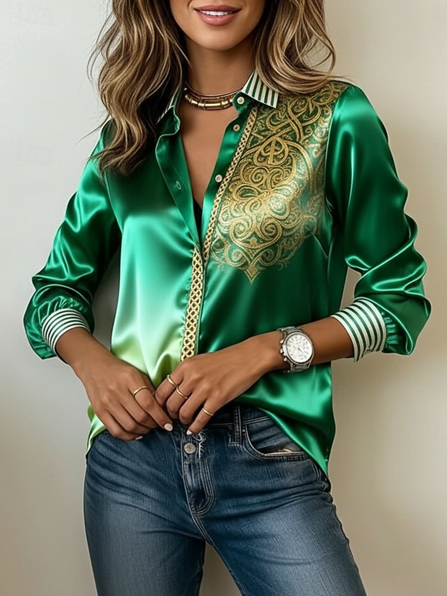 Women's Shirt Satin Shirt Print Floral Graphic Bohemia Vintage Classic Long Sleeve Shirt Collar Regular Tops Daily Holiday Going out White Gold Green Summer Spring Fall 2026 - $24.99 –P2