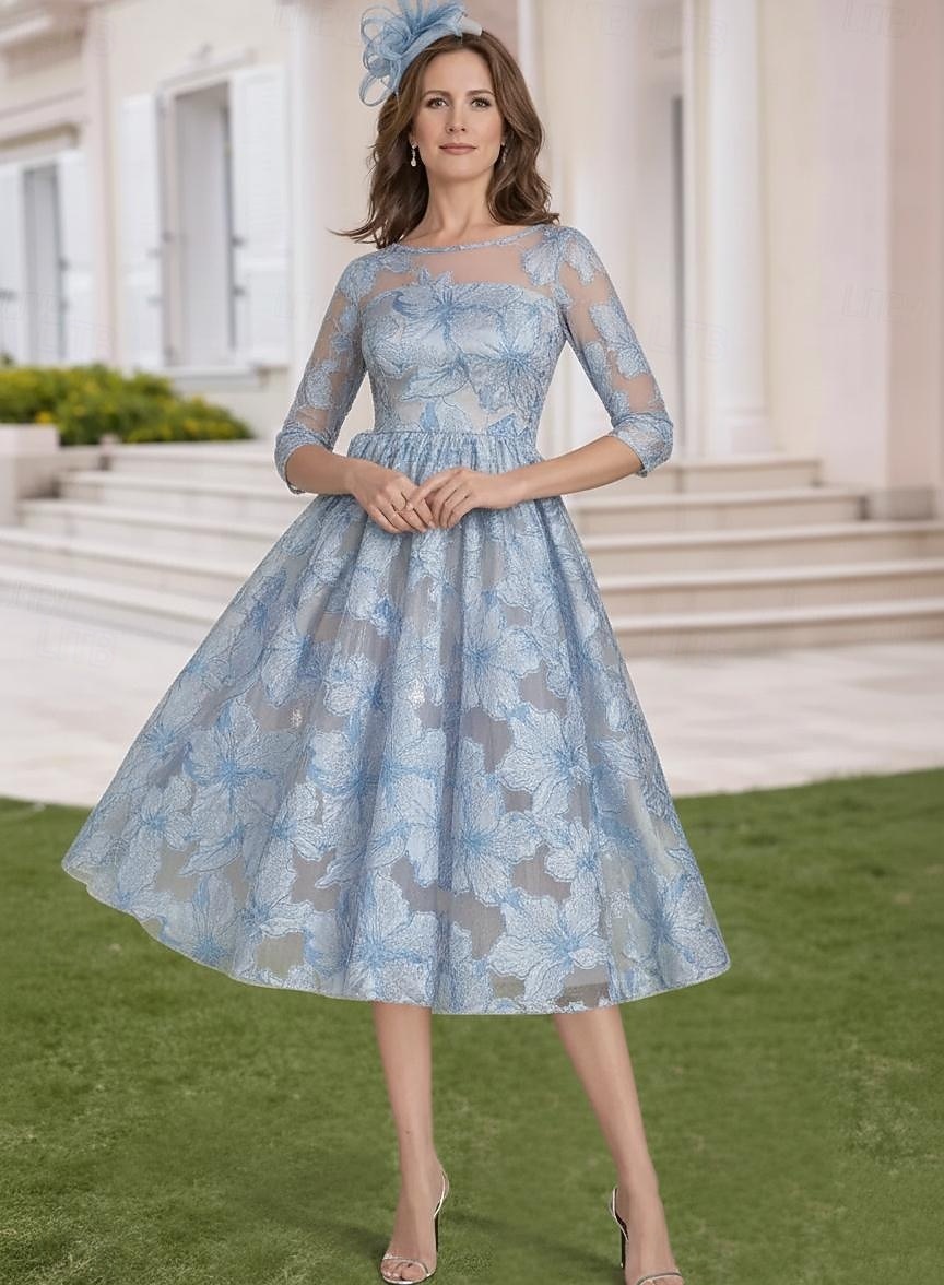 Linia -A Lungimea ceaiului Rochie de dantela Rochie de Cocktail Rochie Mama Miresei Manșon Jumate Guler Cămașă Elegant Epocă Oficial Organza Jaquard cu Broderie Aplică Flori 2026 - $143.99 –P1