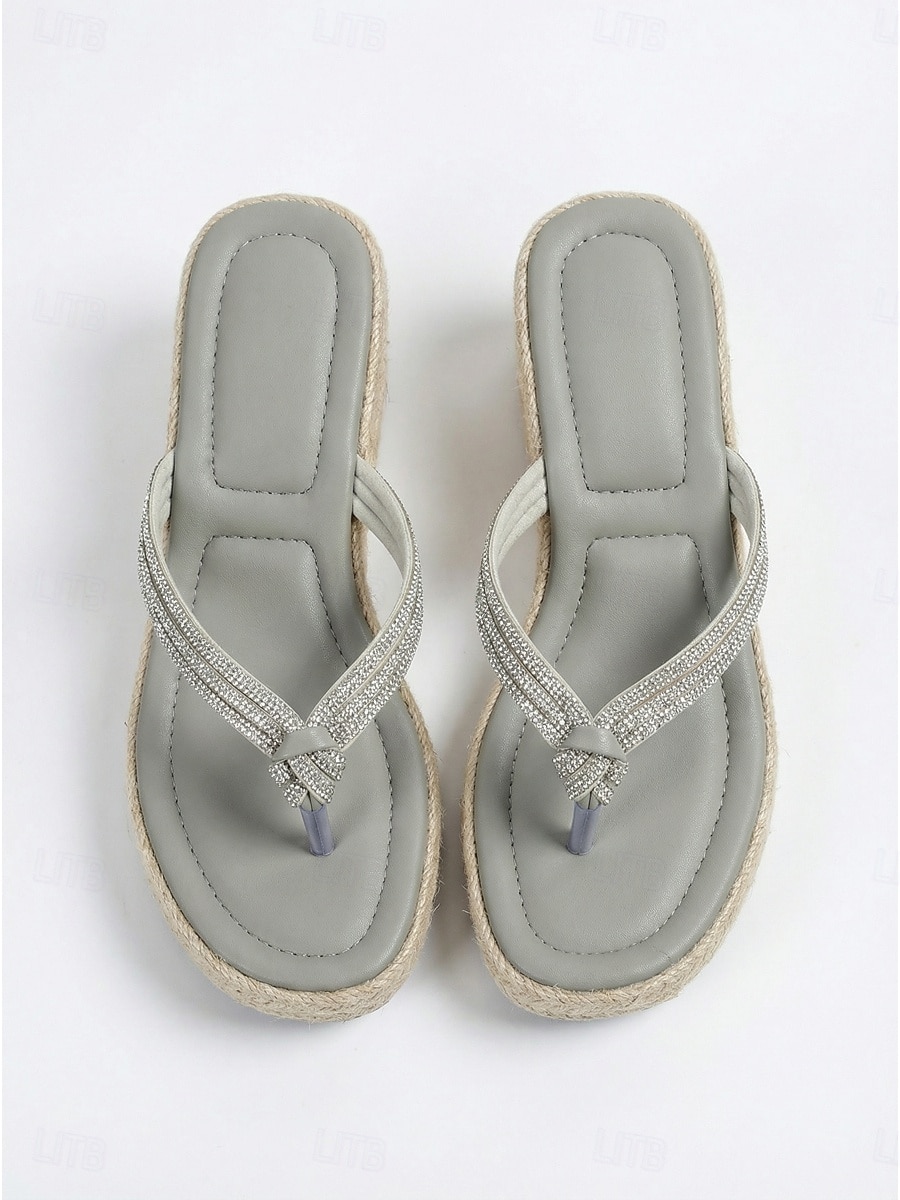 Eleganckie, jasnoszare sandały damskie na koturnie – błyszczące paski z kryształkami i plecioną platformą espadryli, idealne na imprezy plenerowe i przyjęcia w tropikalnym ogrodzie &wakacje letnie 2026 - $42.99 –P4