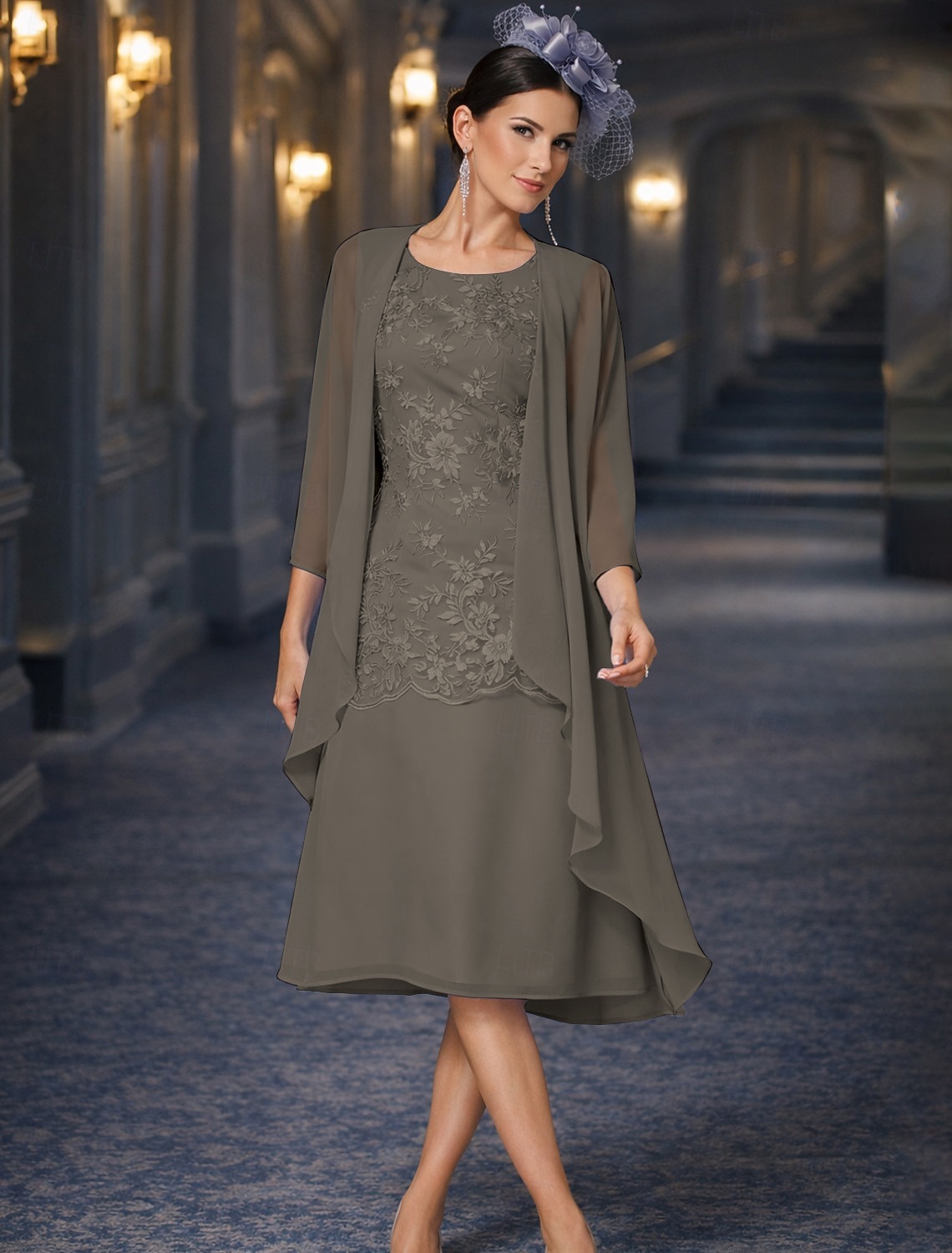 שני חלקים מעטפת עמוד באורך הקרסול שמלת אורח לחתונה שמלה לאם הכלה  ללא שרוולים עם תכשיטים אלגנטית אורחת חתונה מסיבת החתונה שיפון תחרה שמלות ז'קט עם אפליקציות 2026 - $146.99 –P20