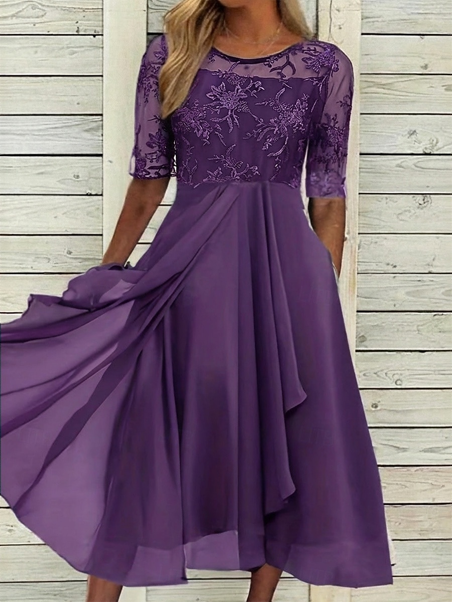 Damen Midikleid Spitzenkleid Cocktailkleid Kleid für Hochzeitsgäste Chiffonkleid Elegant Formell Party Hochzeit Normale Passform Halbarm Rundhalsausschnitt Blau Rosa Wein Dunkelgrün Sommer 2026 - $44.99 –P3
