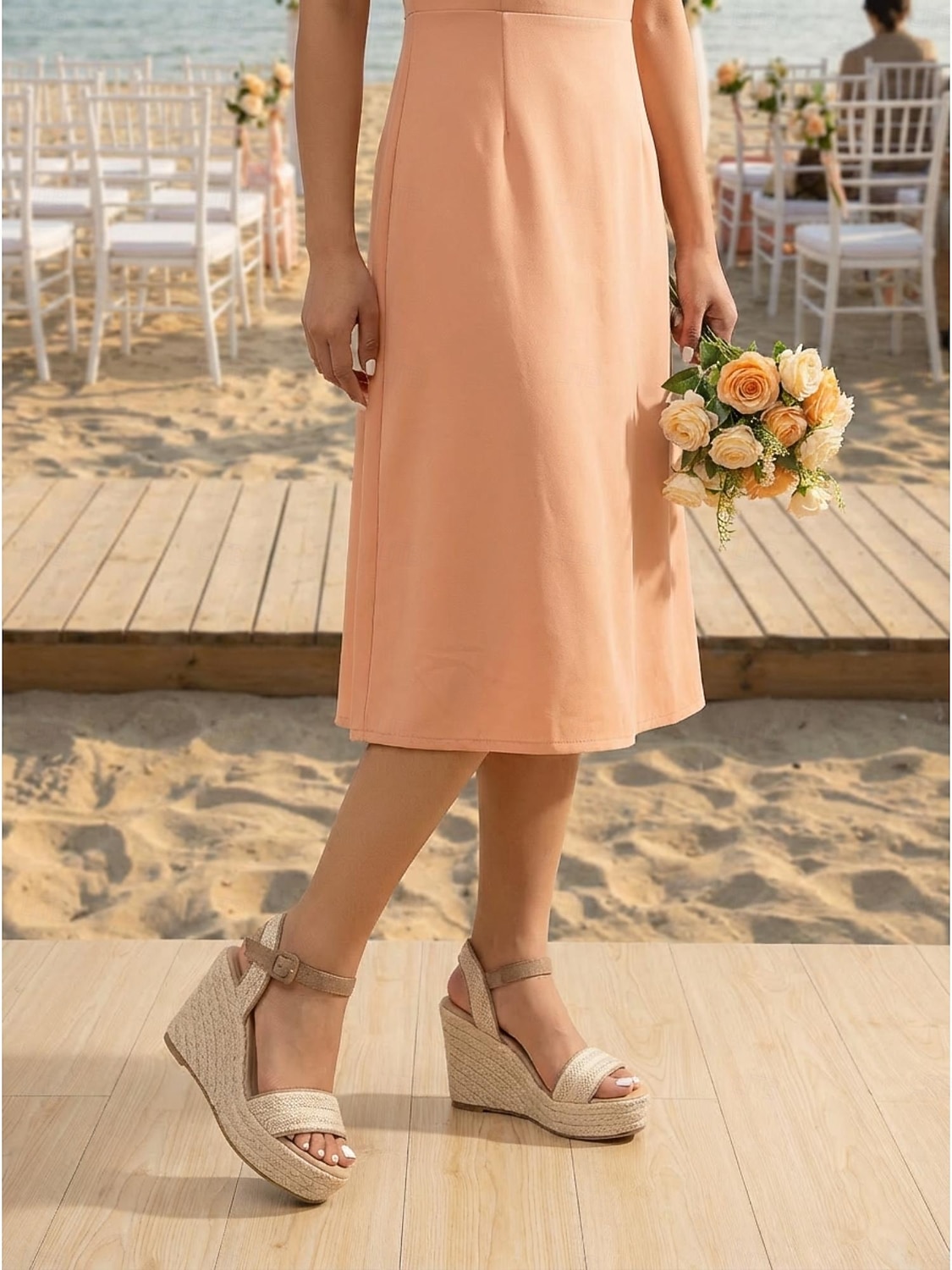 Sandalias de cuña beige para mujer: zapatos de dama de honor cómodos para bodas en la playa, ceremonias de verano al aire libre, tacones elegantes para invitadas de boda. 2026 - $46.99 –P4