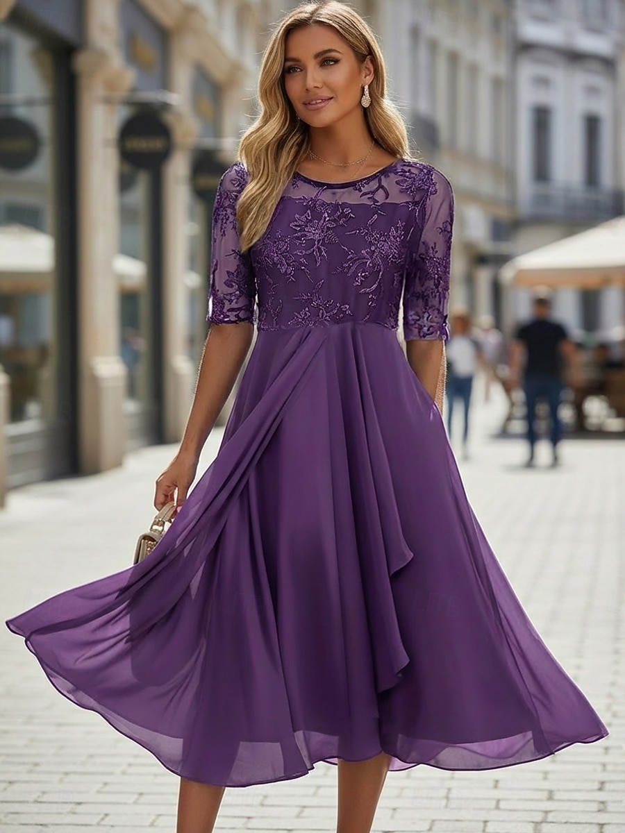 Dam Midiklänning Chiffongklänningar Spetsklänning Cocktail klänning Bröllopsgästklänning Elegant Formell Fest Bröllop Normal Halvlång ärm Rund hals Rodnande Rosa Guld Grön Mörkblå Sommar 2026 - $43.99 –P7
