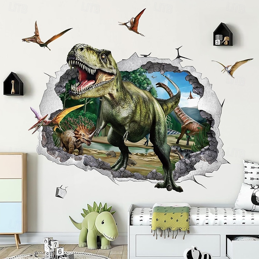 3D őskori dinoszaurusz világ t-rex triceratops brachiosaurus törött falhatás dzsungel fali kárpit ajtó banner gyerekek hálószoba fiúk játszószoba dekoráció születésnapi buli háttér 2026 - $19.99 –P1