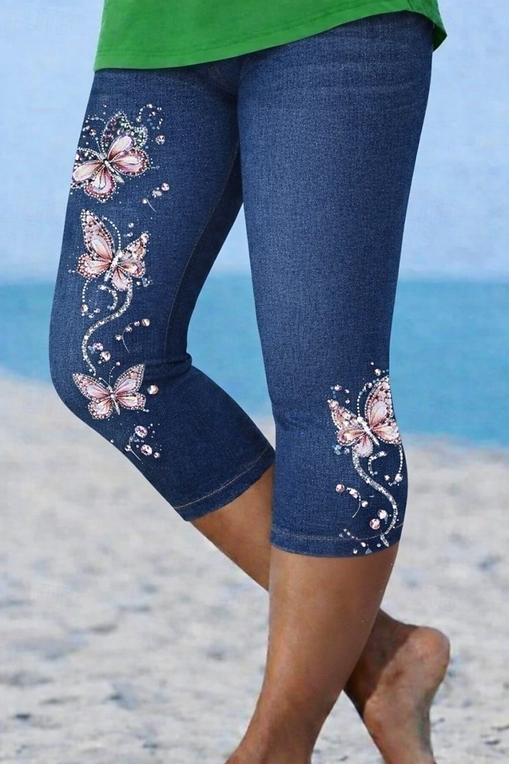 Mujer Pantalones Capri Polainas Vacaciones Moda Hawaiano Medio corto Media cintura Floral Graphic Mariposa Estampado Comodidad Suave Transpirable Elástico Casual Diario Vacaciones Azul Piscina Verano 2026 - $21.99 –P1