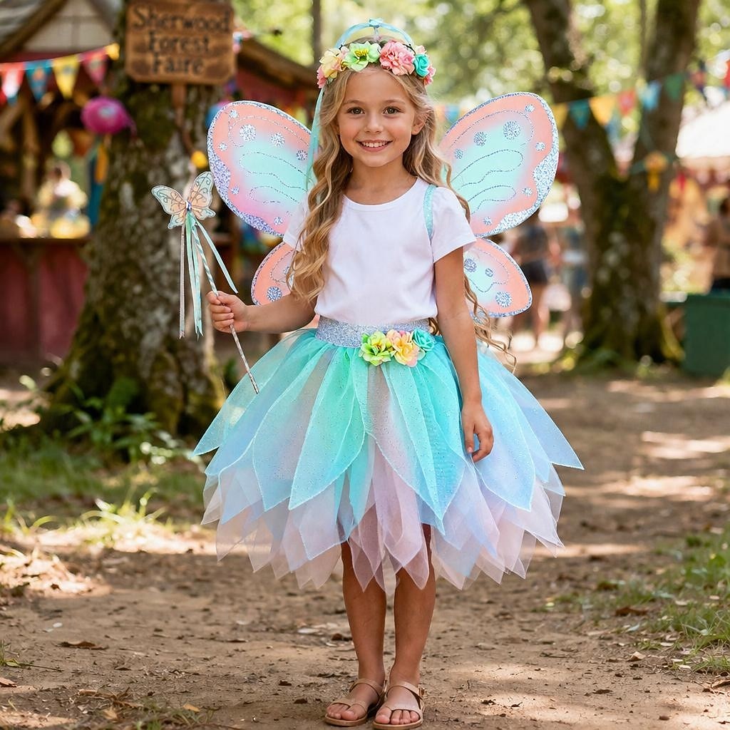 Set Medievale Rinascimento Elegante Lunghezza al ginocchio Gonna Ali Copricapo con accessori Fata Farfalla Floreale Costume Ragazze Fantasia Halloween Carnevale Feste Fiera Rinascimentale Bambini del 2026 a $51.99 –P5