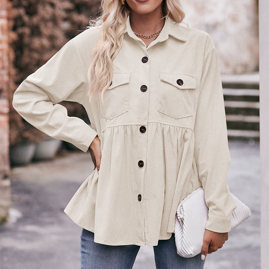 Mujer Camisa casual Camisa de Pana Abotonar la camisa Blusa Bolsillo Botones Color sólido Plano Vacaciones Vintage Moda Manga Larga Cuello Vuelto Tops regulares Diario Festivos Noche Negro Blanco 2026 - $33.99 –P2