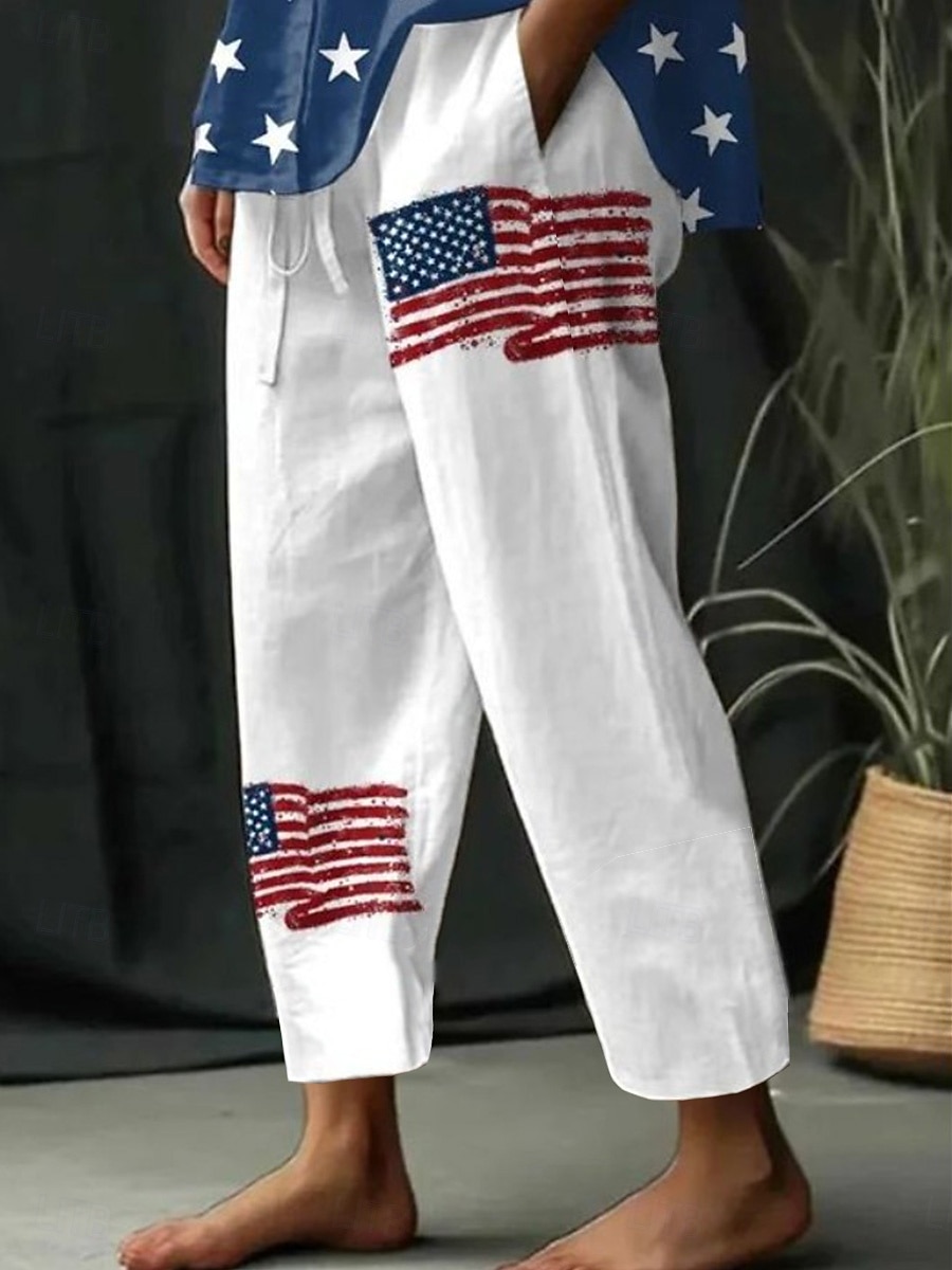 Mujer Pantalones casuales Vacaciones Básico Hasta el Tobillo Media cinturaPantsDía de la Independencia Americana Bandera estadounidense Comodidad Rígido Diario Blanco Verano Primavera Holgado 2026 - $34.99 –P1