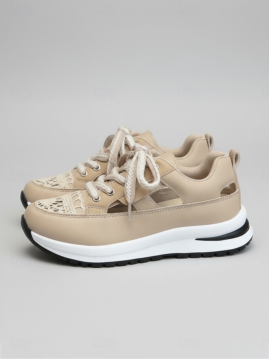 Zapatillas beige con cortes para mujer: zapatos informales transpirables con cordones para uso diario, para caminar y viajar. 2026 - $26.99 –P1
