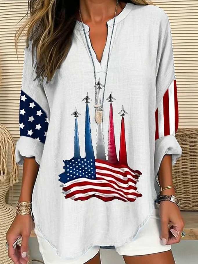 día de la independencia americana Mujer Blusa Estampado Graphic Bandera Vintage Tropical Hawaiano Manga Larga Escote en Pico Tops regulares Diario Festivos Ropa de playa Azul Piscina Negro Blanco Rojo 2026 - $32.99 –P3