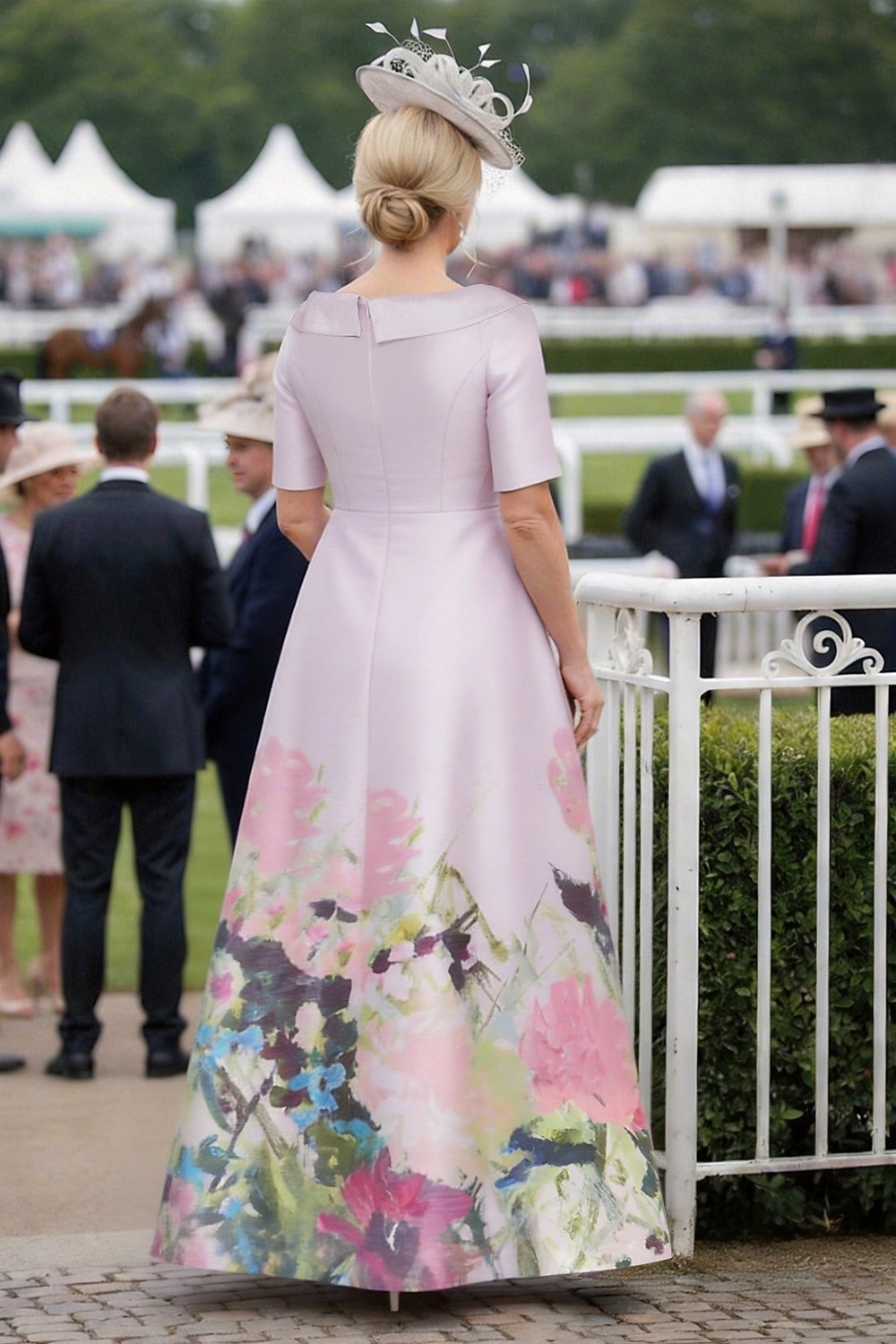 Linea ad A Lunghezza al pavimento Abito da invitata a nozze Abito Formale Abito Derby Abito da cerimonia per signora Mezza Manica Colletto a Camicia Elegante Derby del Kentucky Raso con Stampa del 2026 a $206.99 –P2