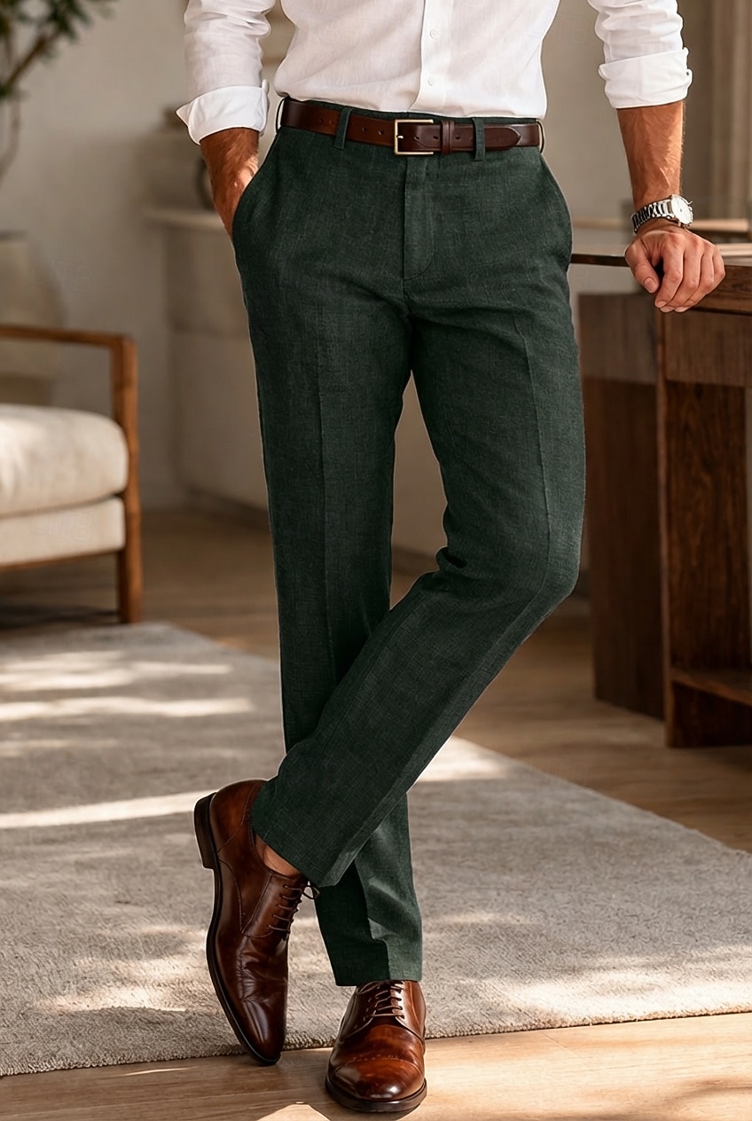 Masculino Algodão Linho Social Calça casual O negócio Casamento Vintage Clássico Formal Branco Rosa Vinho Primavera Verão Calças Côr Sólida Normal Longas Sem Elasticidade de 2026 por $39.99 –P9