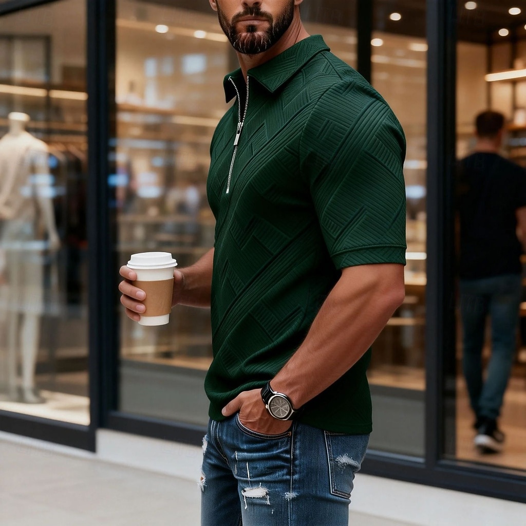 Per uomo Polo con zip Testurizzato Casuale Quotidiano Zip a un quarto Manica Corta Moda Tempo libero Semplice Cerniera Zip a un quarto Estate Primavera Blu Verde translucido blu navy Aalbicocca Blu del 2026 a $22.99 –P10