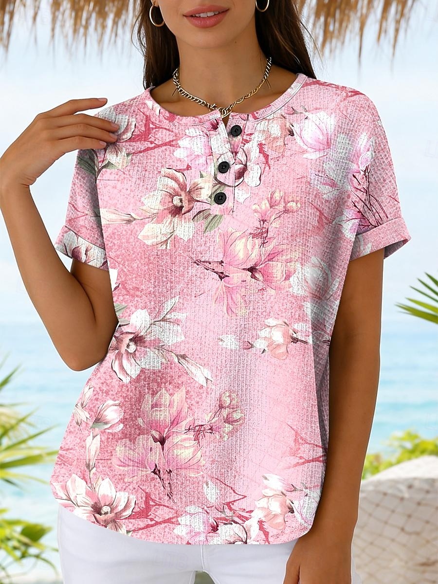 Dame Waffle T Skjorte Trykk Blomstergrafikk Vintage Stilfull Klassisk Kortermet Rundhals Regulære Topper Daglig Blå Rosa Lilla Grønn Sommer Vår 2026 - $24.99 –P1