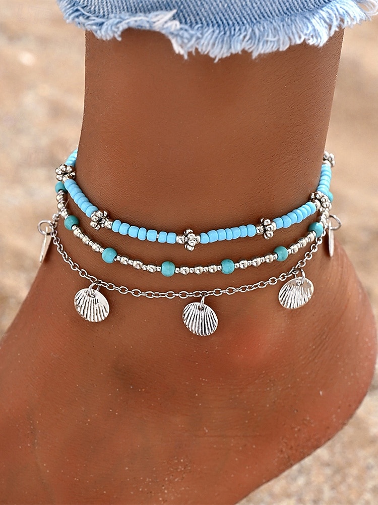 2026年 女性用ボヘミアンスタイル合金アンクレットセット、マルチカラー、シェルチャーム、普段使い、休暇、旅行に最適  コレクション – $7.99 –P1