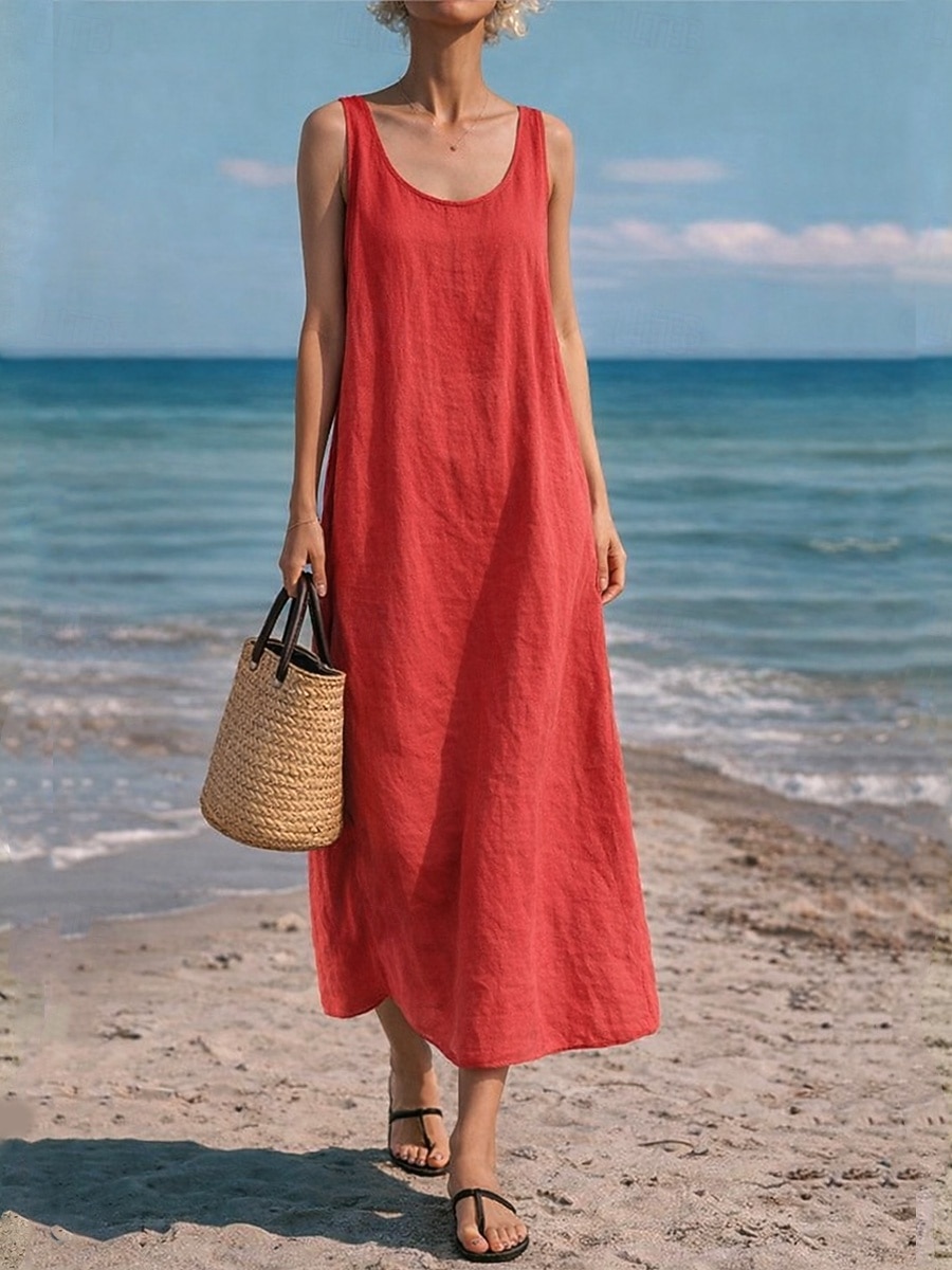 Per donna Abito maxi Finto cotone e lino Abito a Tubino Abito Estivo Abito Sottoveste Casual Spiaggia Quotidiano Vestibilità comoda Semplice Senza Maniche Collo a U Blu blu navy Giallo Rosso Estate del 2026 a $27.99 –P8