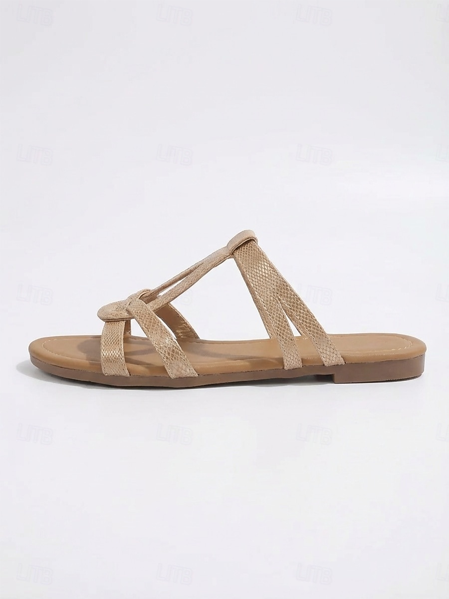 Women's Chic Nude Snake Print Flat Sandals - Strappy Boho Slide Sandals with Interlocking Knot Design for Poolside Vacations, Summer Beach Travel & Resort Wear 2026 - $26.99 –P6