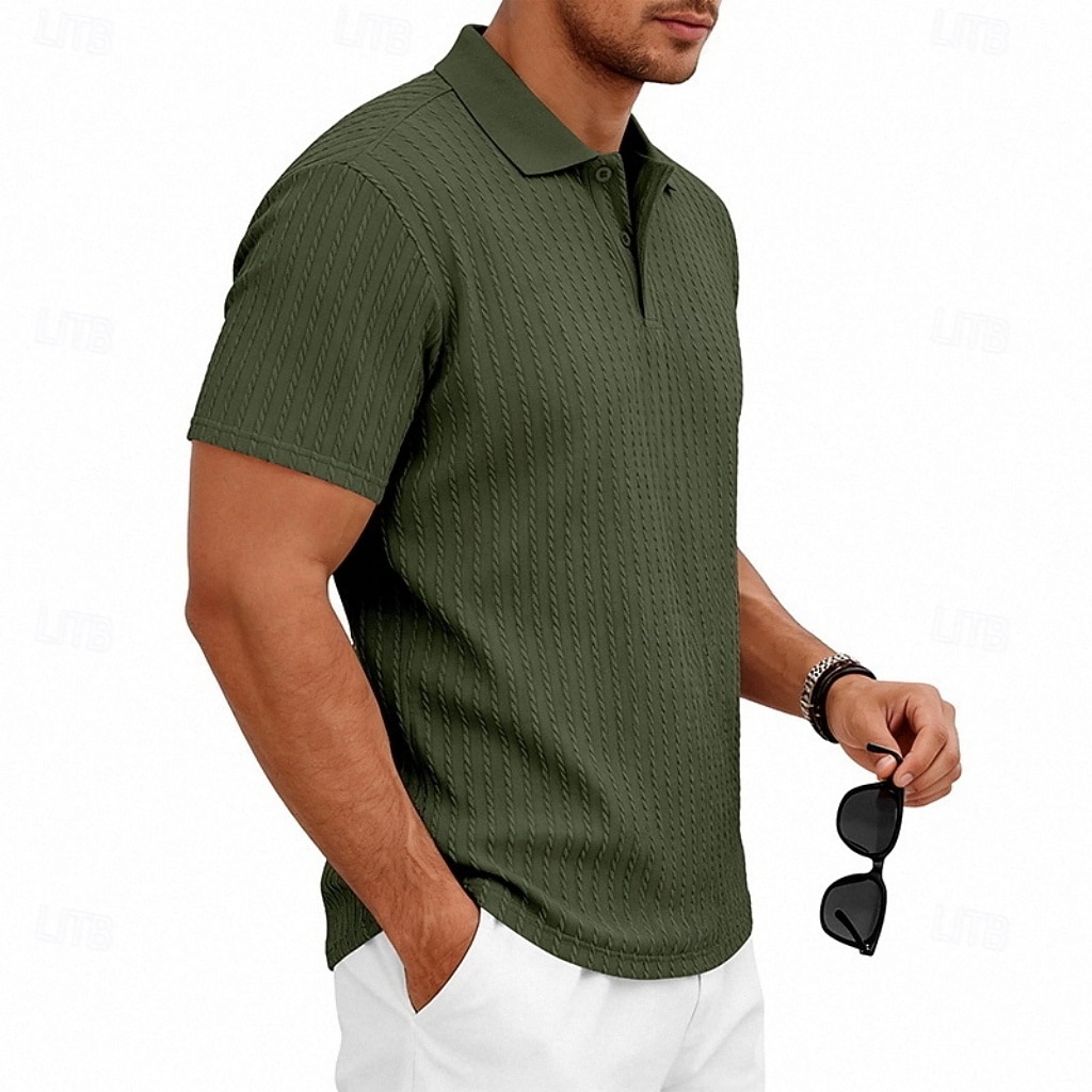 Herren Zopfstrick-Poloshirt Textur Geschäft Urlaub Revers Kurzarm Mode Modern Einfach Knöpfe Atmungsaktiv Sommer Frühling Schwarz Weiß Wein Marineblau Grün Khaki Zopfstrick-Poloshirt 2026 - $21.99 –P18