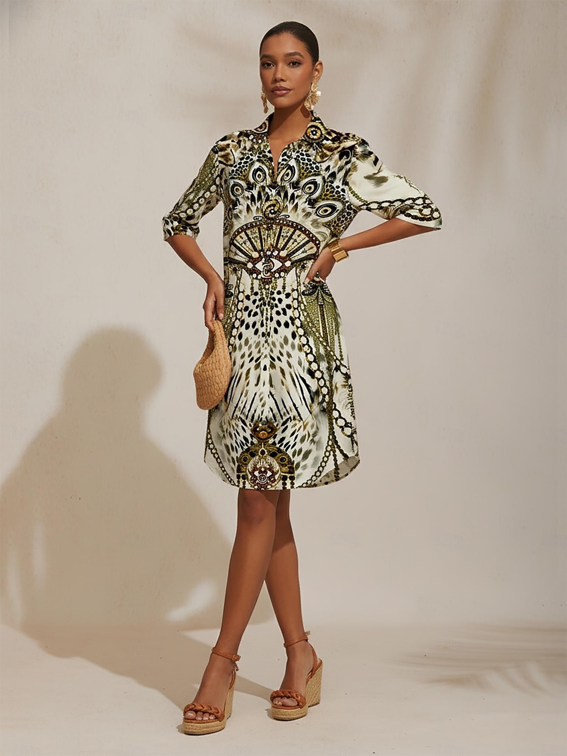 vintage-leopardikoruja silkkisestä satiinista valmistettu suora paitamekko 2026 - $91.99 –P4