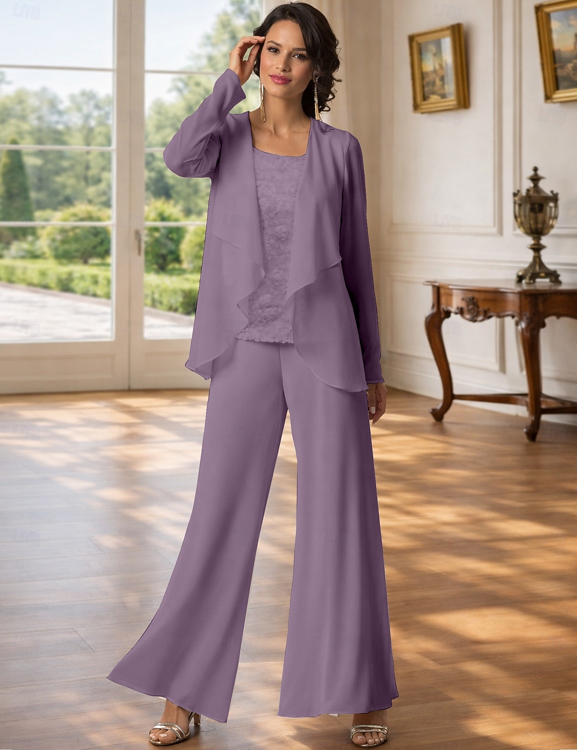 Traje de pantalón Traje de 3 piezas Hasta el Suelo Vestido de Madrina Sin Mangas Barco de cuello Elegante Talla Grande Bolero incluido Formal Invitado a la boda Gasa con Encaje 2026 - $126.99 –P13