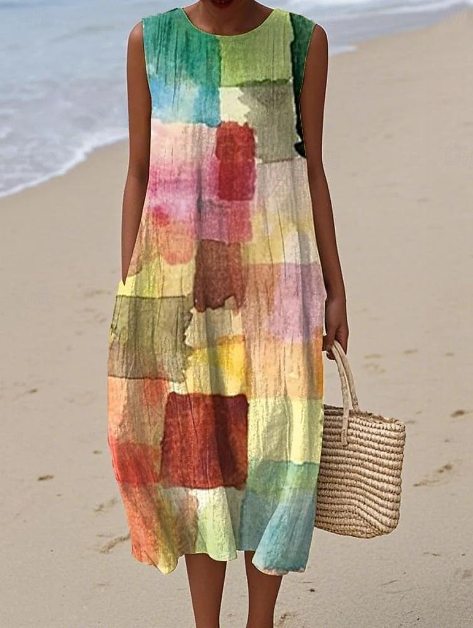 Mujer Vestido Midi Vestido de cambio Vestido de verano Vestido de una línea Vacaciones Casual Boho Playa Fiesta Noche Holgado Floral Graphic Abstracto Sin Mangas Cuello Barco Azul Real Naranja 2026 - $37.99 –P1