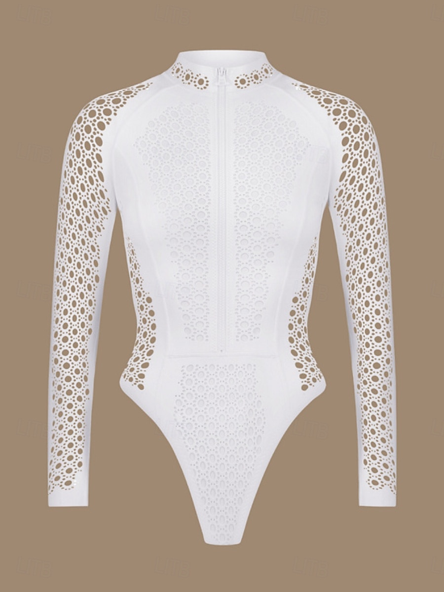 Damen Badeanzug Einteiler Bademode Patchwork Reißverschluss Urlaub Strandbekleidung Einfarbig Hoher Ausschnitt Langarm Badeanzüge 2026 - $48.99 –P12