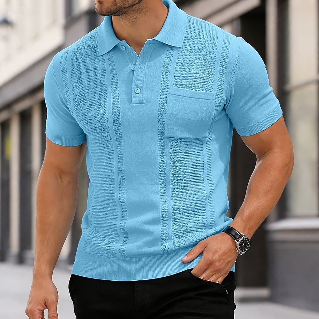 Homens Top de malha canelada Textura Casual Trabalho Lapela gola pólo com nervuras Manga Curta Básico Moderno Côr Sólida Tecido Botões Tricotado Primavera Verão Verão Primavera Normal Azul Marron de 2026 por $35.99 –P1
