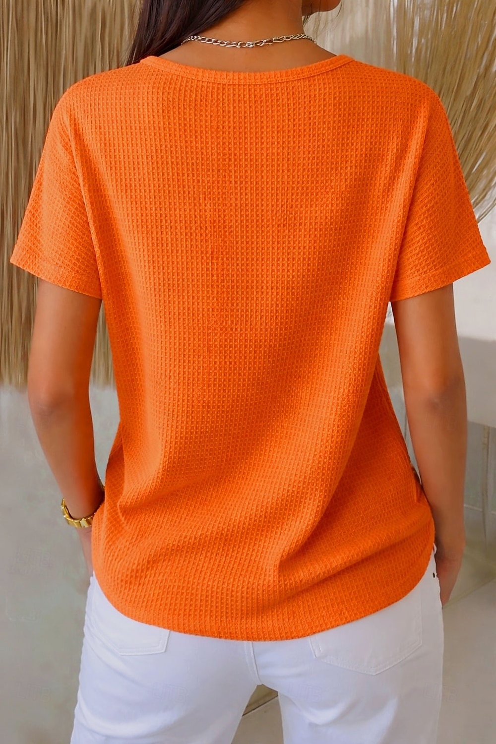 בגדי ריקוד נשים אוברסייז חולצה קצרה טי שירטס טופים מארג וויפל כפתור קדמי אחיד אופנתי מסוגנן קלסי שרוולים קצרים צווארון עגול קצר הנלי חולצות רגילות יומי ליציאה סוף שבוע לבן כתום קיץ אביב 2026 - CLP $26680 –P2