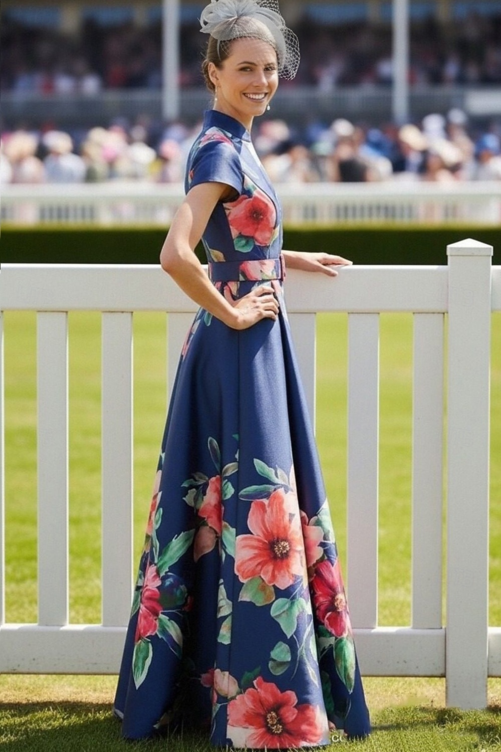 Linea ad A Lunghezza al pavimento Abito da invitata a nozze Abito Formale Abito Derby Abito da cerimonia per signora Manica Corta Scollo a V Regina Anna Elegante Formale Ferie Derby del Kentucky Raso del 2026 a $206.99 –P3