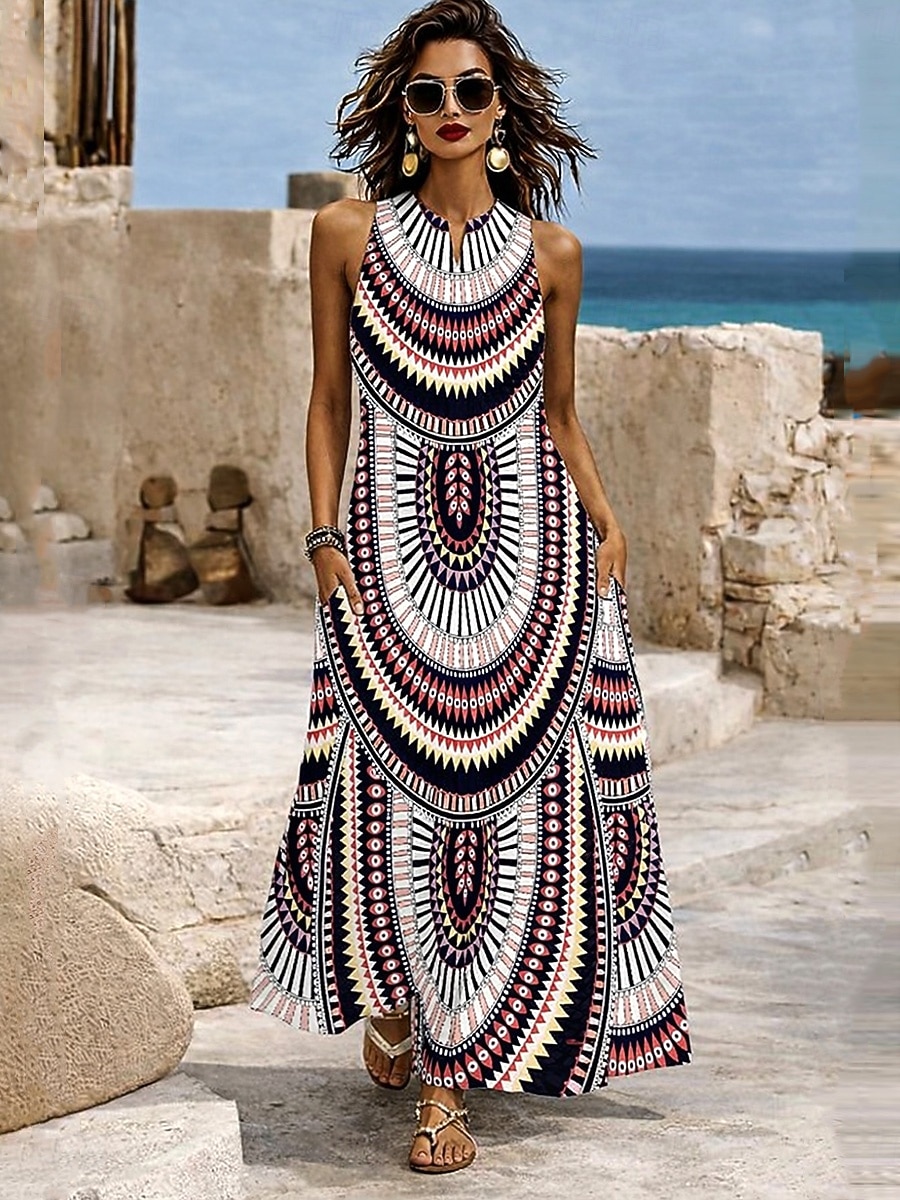Mujer Vestido maxi Vestido de verano Vestido de una línea Vacaciones Casual Boho Diario Festivos Ajuste regular Graphic Tribal Sin Mangas Escote en Pico Cuello halter Cuello Alto Marrón Oscuro Verano 2026 - $39.99 –P1