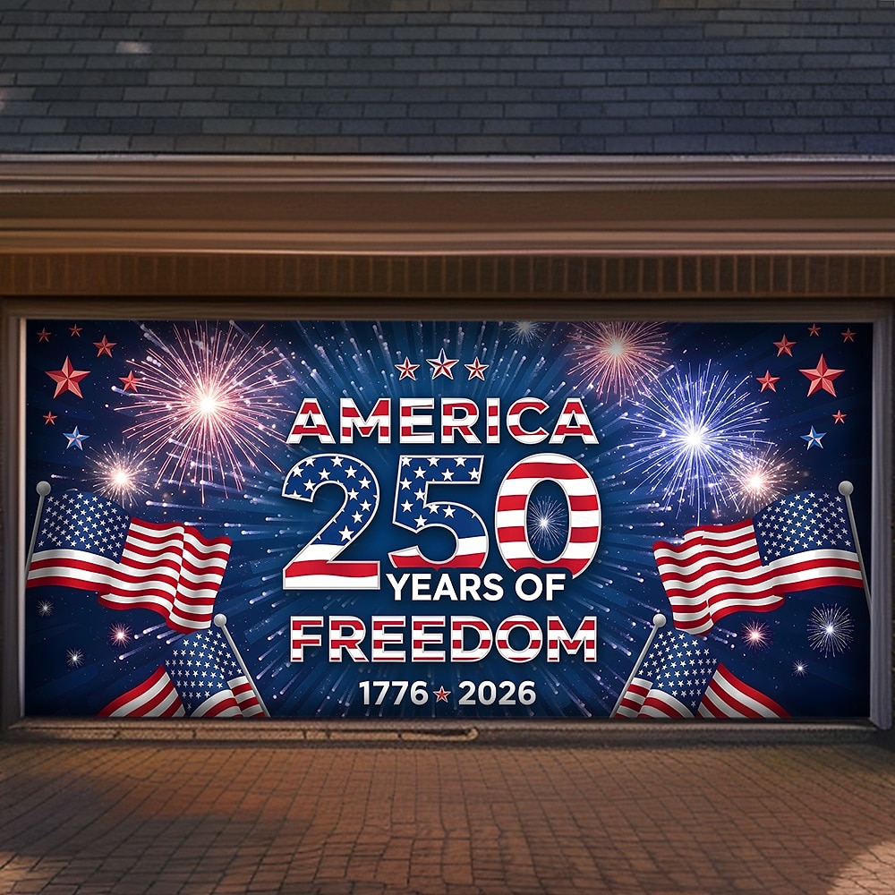 4. července 2026 250. výročí Pamětního dne Kryt na garážová vrata Velký závěsný pozadí Americká vlajka Vintage 3D vlastenecká party venkovní pozadí pro focení dekorace na vchodové dveře 2026 - $59.99 –P1