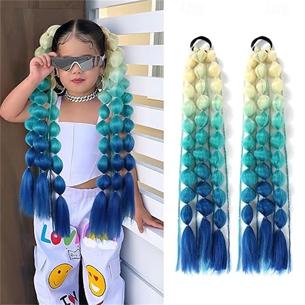 2 pezzi di extension per coda di cavallo sintetiche colorate a forma di bolla, extension per capelli intrecciati leggeri da 24 pollici, accessori per festival rave per ragazze, giornata dei capelli del 2026 a $34.99 –P4