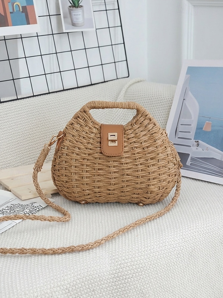 Damväska i vävd stråaxelrem, beige och khakifärger, lätt sommarväska med justerbar rem, bohemisk chic-stil, perfekt för semester, resor och vardagsbruk 2026 - $26.99 –P8