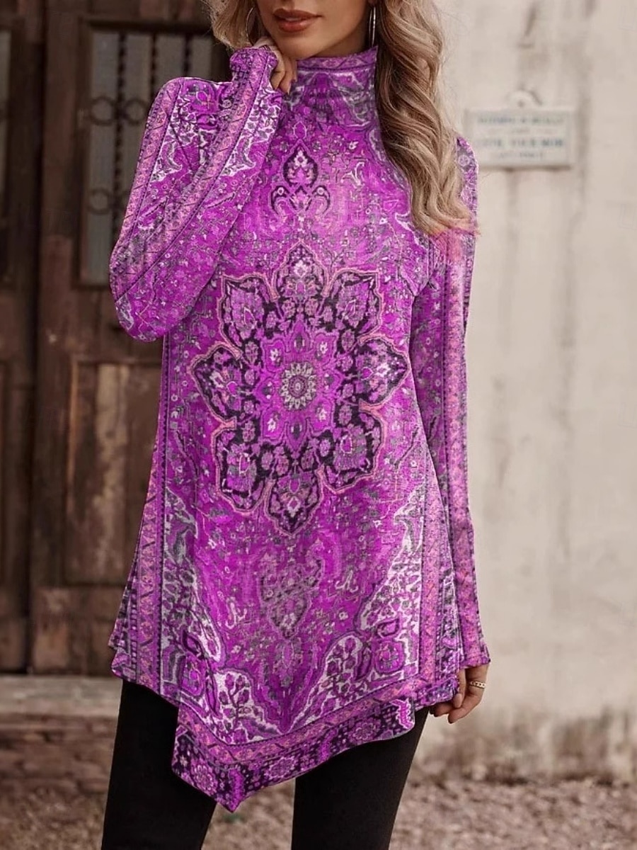 Mujer Camisa Blusa Tops de manga larga Costura asimétrica Floral Elegante Clásico Moderno Manga Larga Cuello Alto Tops largos Diario Festivos Noche Azul Piscina Rojo Morado Primavera Otoño 2026 - $22.99 –P3