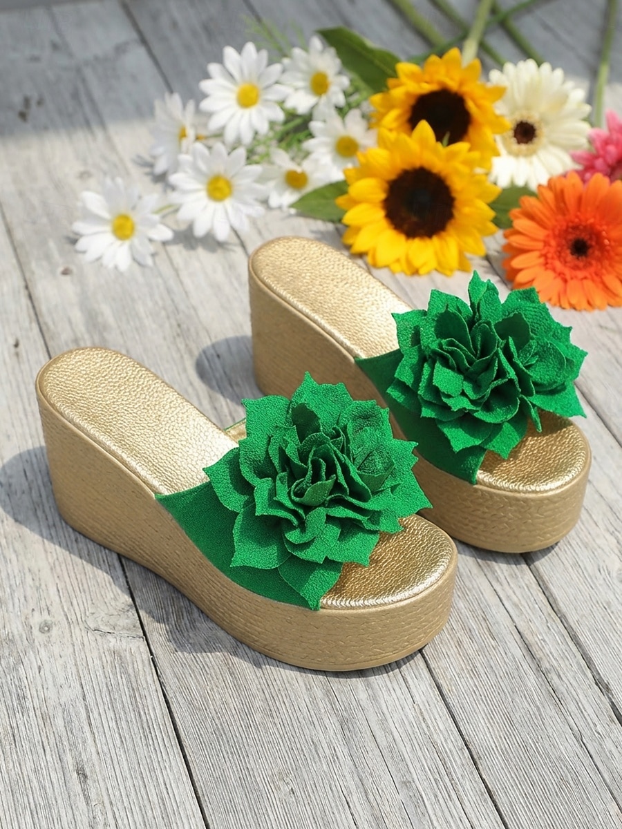 Groene sleehak sandalen voor dames – stijlvolle, met bloemen versierde slippers met een sleehak van espadrille-imitatie, perfect voor casual uitjes, zomervakanties en strandfeestjes. 2026 - $26.99 –P6